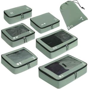 imageECOHUB 5 Set Compression Packing Cubes for Suitcases Organiser Bags Set Travel Essentials with Shoe Bags for Travel Tearresistant Travel Accessories with ID Tag Expandable Packing BagsNavy BlueSage GreenNo Compress