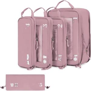 imageECOHUB 5 Set Compression Packing Cubes for Suitcases Organiser Bags Set Travel Essentials with Shoe Bags for Travel Tearresistant Travel Accessories with ID Tag Expandable Packing BagsNavy BluePinkCompress
