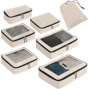 imageECOHUB 5 Set Compression Packing Cubes for Suitcases Organiser Bags Set Travel Essentials with Shoe Bags for Travel Tearresistant Travel Accessories with ID Tag Expandable Packing BagsNavy BlueBeigeNo Compress