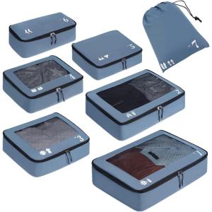 imageECOHUB 5 Set Compression Packing Cubes for Suitcases Organiser Bags Set Travel Essentials with Shoe Bags for Travel Tearresistant Travel Accessories with ID Tag Expandable Packing BagsNavy BlueBlue