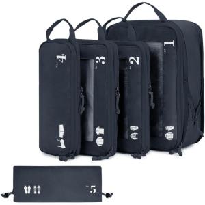 imageECOHUB 5 Set Compression Packing Cubes for Suitcases Organiser Bags Set Travel Essentials with Shoe Bags for Travel Tearresistant Travel Accessories with ID Tag Expandable Packing BagsNavy BlueNavy BlueCompress