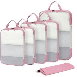 imageECOHUB 6 Set Compression Packing Cubes Lightweight Vacation Travel Essentials Durable Travel Accessories for Suitcase Carry On Luggage Organizer Bags Set with YKK Zippers Shoe Bag GreenPink