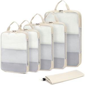 imageECOHUB 6 Set Compression Packing Cubes Lightweight Vacation Travel Essentials Durable Travel Accessories for Suitcase Carry On Luggage Organizer Bags Set with YKK Zippers Shoe Bag GreenBeige