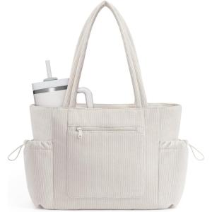 imageECOHUB Large Corduroy Tote Bag for Women with Cup Holder ampamp Luggage Sleeve ampamp Laptop Compartment for Work Travel College CasualBeige