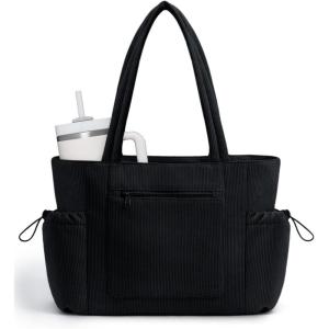 imageECOHUB Large Corduroy Tote Bag for Women with Cup Holder ampamp Luggage Sleeve ampamp Laptop Compartment for Work Travel College CasualBlack