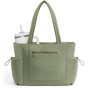 imageECOHUB Large Corduroy Tote Bag for Women with Cup Holder ampamp Luggage Sleeve ampamp Laptop Compartment for Work Travel College CasualGreen