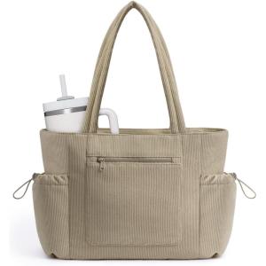 imageECOHUB Large Corduroy Tote Bag for Women with Cup Holder ampamp Luggage Sleeve ampamp Laptop Compartment for Work Travel College CasualKhaki
