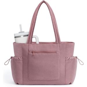 imageECOHUB Large Corduroy Tote Bag for Women with Cup Holder ampamp Luggage Sleeve ampamp Laptop Compartment for Work Travel College CasualPink