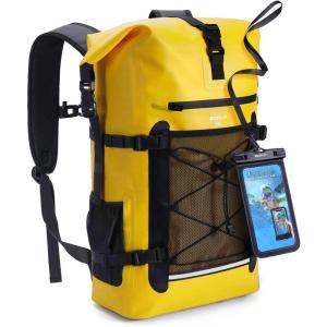 imageECOHUB Waterproof Backpack for Women Men 30L RollTop Closure Heavy Duty Dry Bag for Travel with IPX8 Waterproof Phone CaseYellow